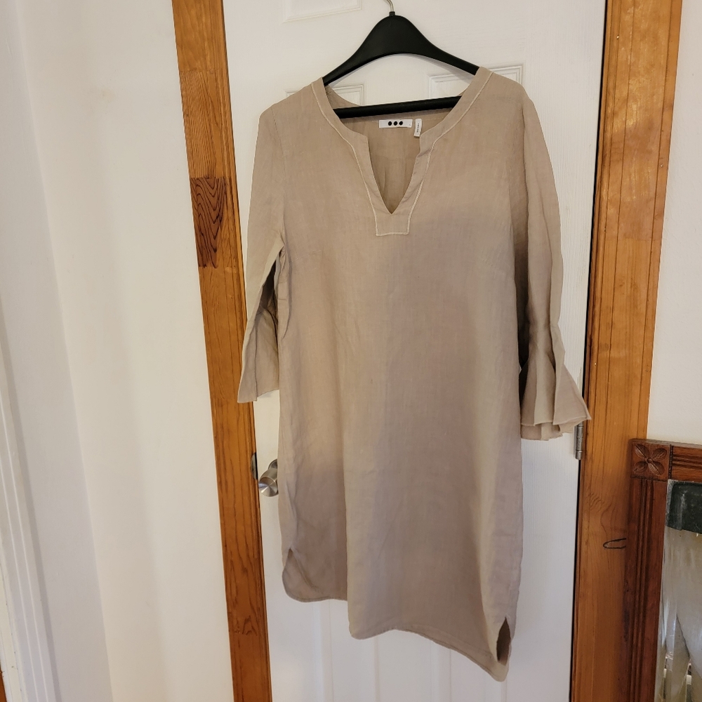Three Dots Tunic Women L Beige 100% Linen Bell Sleeve Boho Festival Top Dress